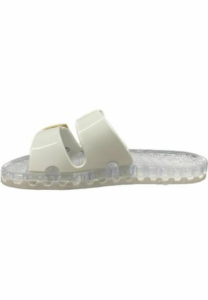 Infradito in plastica bianca con due cinturini sovrapposti e suola trasparente texturizzata. Presenta una finitura liscia e un design aperto.
