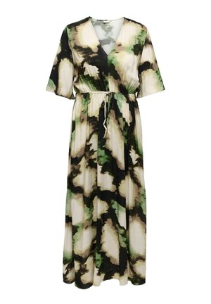 Mekko, jossa on lyhyet hihat, V-kaula-aukko ja vyötärönauha, ja jossa on abstrakti maastokuvio vihreässä, mustassa, beigen ja valkoisen sävyissä.