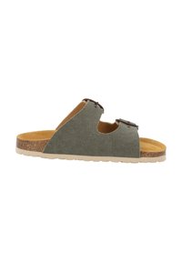 Sandal in tessuto verde con due aperture e dettagli marroni. La suola in sughero offre supporto, mentre la suola leggera garantisce comfort.