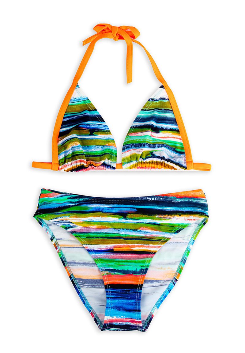 Dwuczęściowy bikini w wielokolorowe poziome paski w odcieniach niebieskiego, zielonego, pomarańczowego i białego; trójkątny stanik z pomarańczowymi wiązaniami i pasujące majtki.