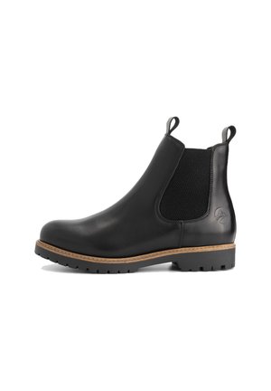 Black leather Chelsea boot with elastic side panels, pull tabs on heel and ankle, tan stitching detail, and lug rubber sole.