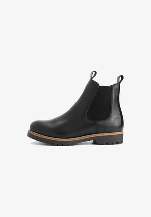 Zwarte lederen Chelsea-boot met elastische zijpanelen, aantreklopjes op hiel en enkel, tan stiksels en een rubberen loopzool met profiel.