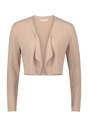 Beige, kurzgeschnittene Strickjacke aus leichtem Material, offene Vorderseite mit drapierten Kanten, lange Ärmel, glatte Textur, keine sichtbaren Verschlüsse.
