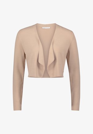 Beige cropped cardigan, lightweight knit material, open front with draped edges, long sleeves, smooth texture, no visible fastenings.
