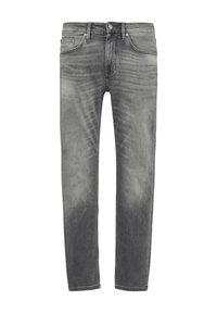 Graue Jeans aus Denim mit geradem Schnitt, fünf Taschen, subtilen Ausbleichungen und tonal gehaltenen Nähten. Der Stoff hat ein mittleres Gewicht und eine weiche Textur.