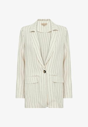 Beige randig kavaj i ett tyg med texturerad yta. Har en enkel knappstängning, snibbade slag och framfickor.