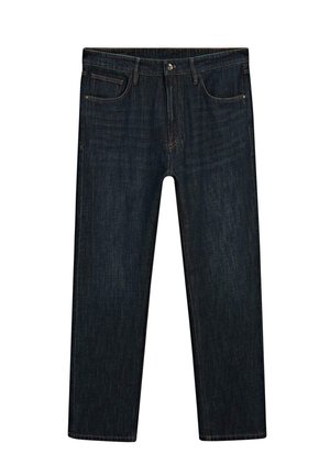 Mørkeblå lige ben denimjeans med fem lommer og knappelukning, vist fladt på en hvid baggrund.