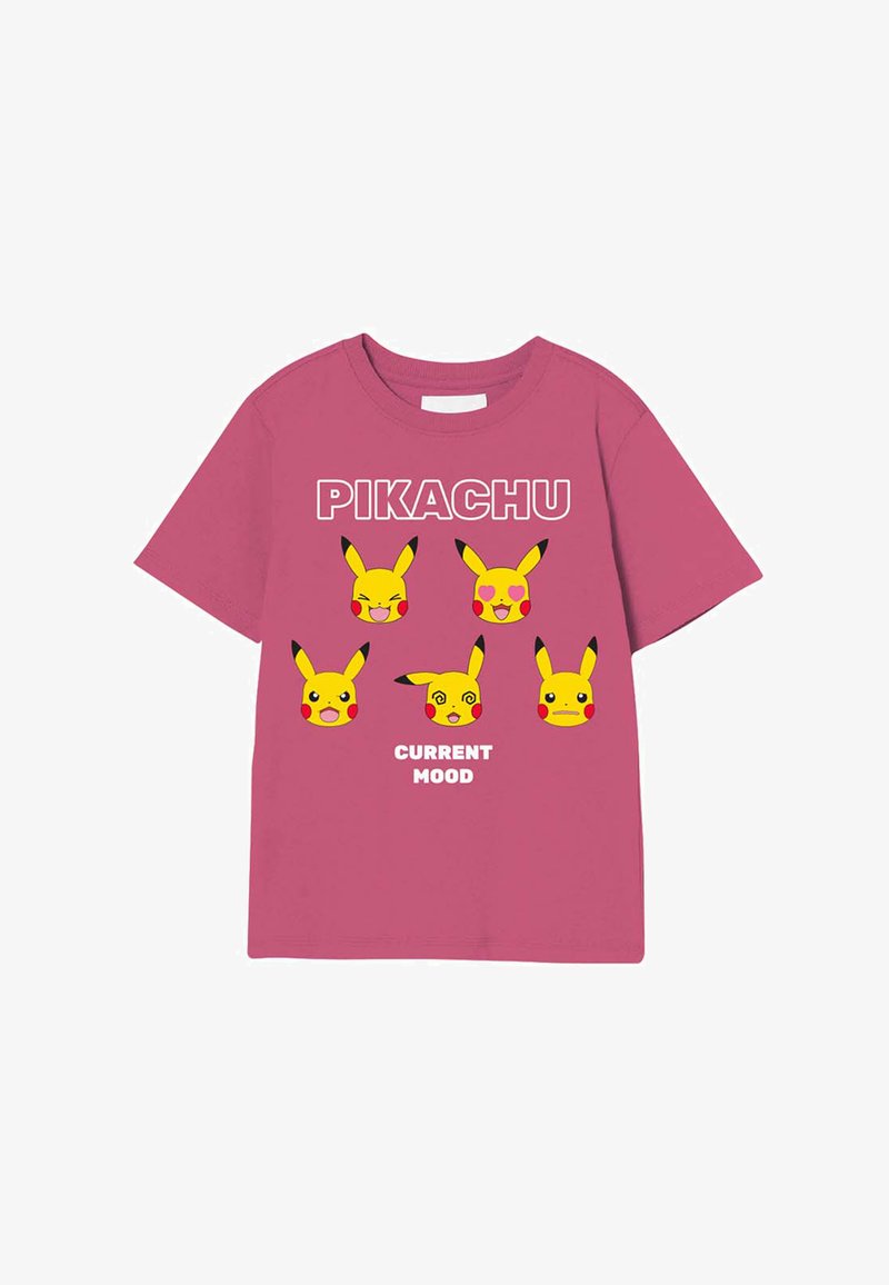 Rosa T-Shirt mit kurzen Ärmeln, das mehrere Pikachu-Gesichter und den Text "AKTUELLE STIMMUNG" in Weiß zeigt. Aus Baumwollmaterial mit lockerer Passform.