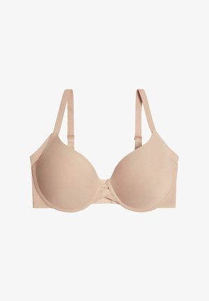Sujetador beige acolchado y sin costuras con tirantes ajustables, textura suave y un diseño cruzado sutil en el centro.