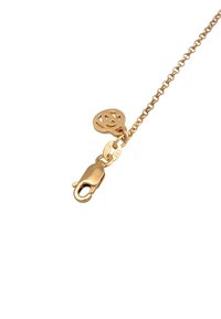 Guldplateret kædehalssmykke med en hummerlås og en dekorativ charms med et indviklet mønster. Glat overflade og let glans.