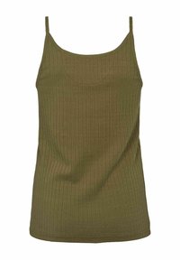 Débardeur côtelé vert olive avec fines bretelles et encolure arrondie, confectionné dans un tissu tricot léger.