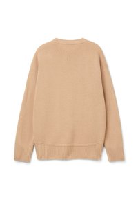Beige gebreide trui met een ronde hals, verlaagde schouders en geribbelde manchetten en onderkant. Zachte textuur met een relaxed fit.