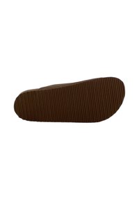 Suola di scarpa in gomma marrone con superficie testurizzata e righe verticali, progettata per grip e durata. Forma arrotondata con una leggera curvatura.