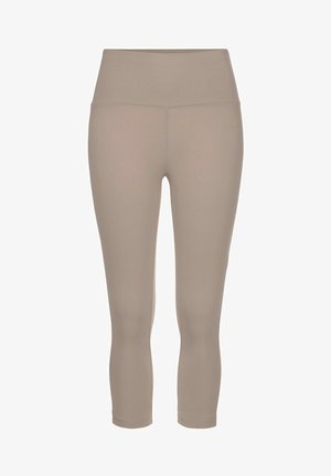 Beige Leggings aus weichem, dehnbarem Stoff. Hoher Bund und enganliegendes Design, das knapp unterhalb der Wade endet, ohne sichtbare Nähte.