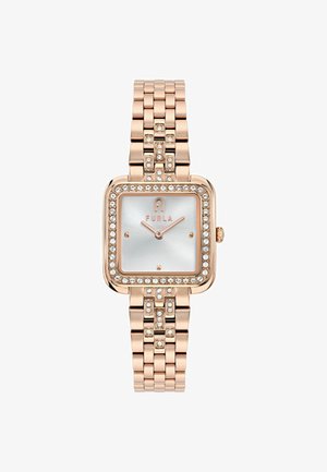 Montre en métal rose doré avec un cadran rectangulaire, un cadran argenté, sertie de cristaux autour de la lunette et sur le bracelet.