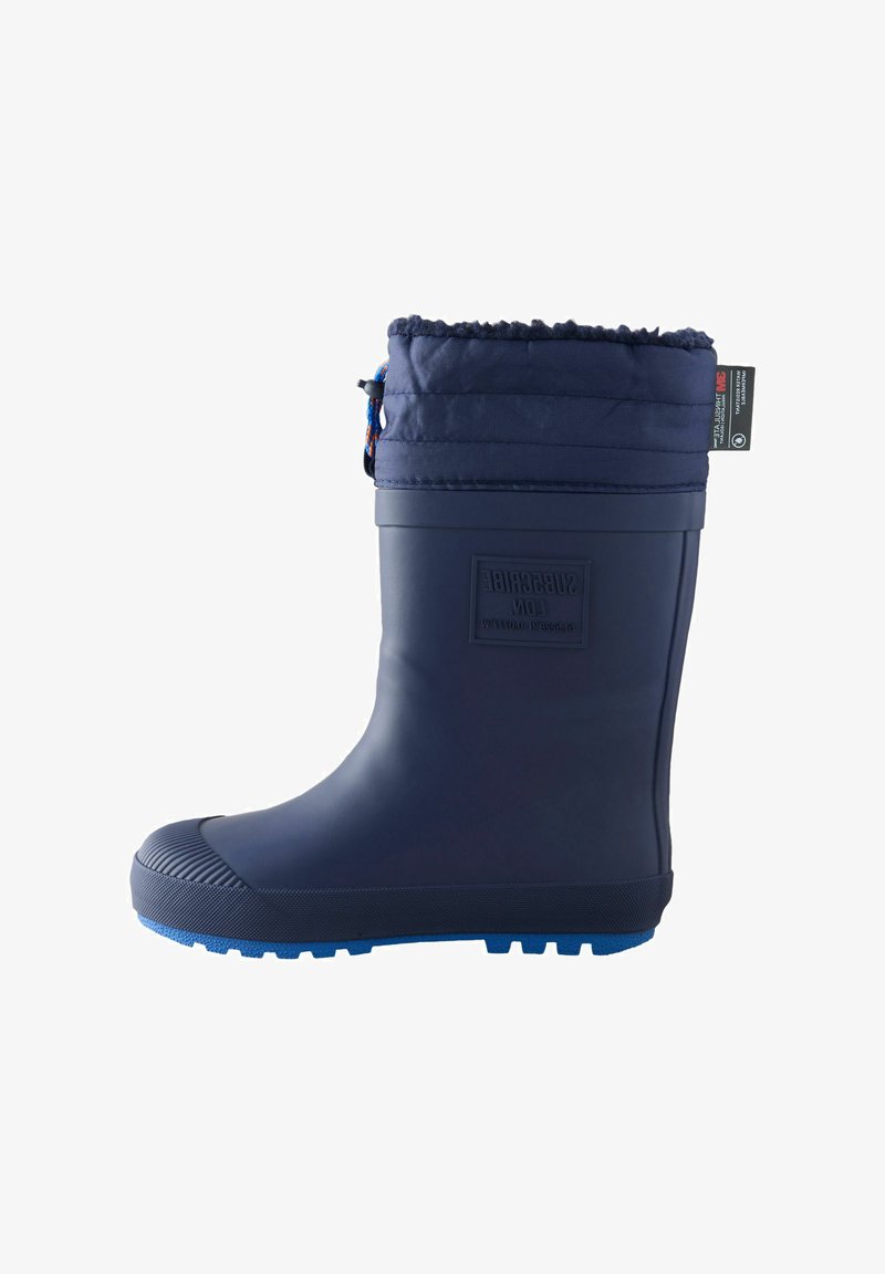 Stivale invernale di gomma blu scuro con polsino in tessuto e chiusura con coulisse, suola testurizzata e patch del marchio sul lato.
