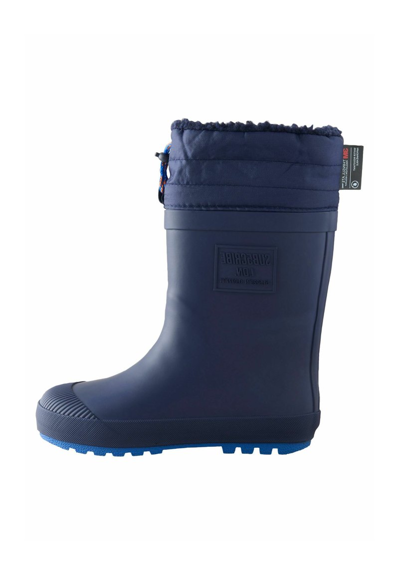 Botte de pluie en caoutchouc marine avec un revers en polaire bleue doux, semelle texturée et cordon de serrage ajustable. Logo en relief sur le côté.