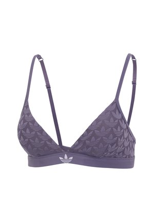Brassière de sport violette avec un design triangulaire, présentant un motif de feuilles texturé et des bretelles fines réglables. Logo Adidas affiché en bas.