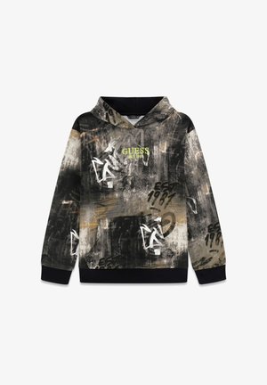 Kapuzensweatshirt in Schwarz, Grau und Creme mit abstrakten Mustern, ausgestattet mit einer Kängurutasche und "GUESS EST. 1981" Logo in Neon-Grün.