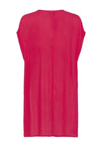 Top holgado de manga corta en rosa brillante, hecho de un material ligero y transparente con una textura suave y un escote redondeado.