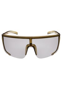 Gafas de sol con montura de plástico transparente marrón, lentes tipo escudo de gran tamaño y sin hardware visible. Diseño ligero con patillas curvadas.