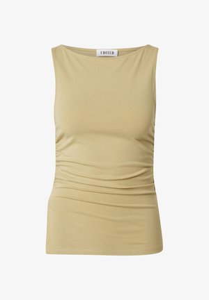 Khaki ärmelloses Top aus weichem Material, mit einem runden Halsausschnitt, gerafften Seiten und einer figurbetonten Form mit geradem Saum.