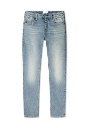 Lichtblauwe denim jeans met een slim fit, voorzien van een traditionele vijf-pocket ontwerp, vervaagde gebieden en ton-sur-ton stiksels.