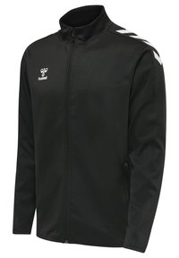 Zwarte zip-up jas van gladde stof, met twee zijzakken, hoge kraag en contrasterende witte diagonale strepen op de schouders.