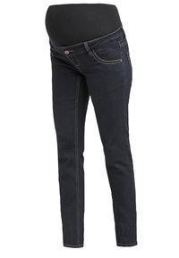Gravidjeans i mörk denim. Har ett högt elastiskt midjeband, slim fit och kontrastsömmar. Två frontfickor med en medelhög design.