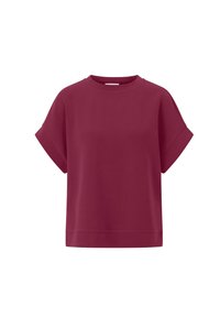 Bordeaux sweatshirt met korte mouwen, een ronde halslijn, een ontspannen pasvorm en een soepele textuur; heeft omgeslagen mouwen en een subtiele zoomlijn.