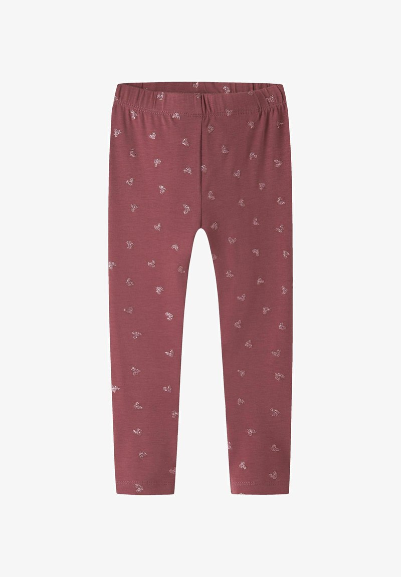 Legging bordeaux pour enfants avec un petit motif floral argenté et une taille élastique.