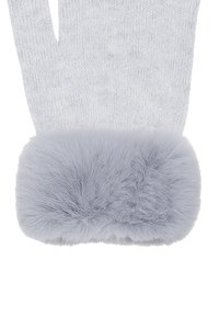 Light gray knit gloves with a soft faux fur cuff. Cuff is plush and fluffy, providing added warmth and texture to the design.