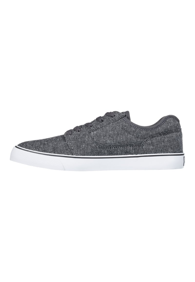 Gray canvas sneakers with a low-profile design, white rubber outsole, black laces, and subtle texture on the upper material.