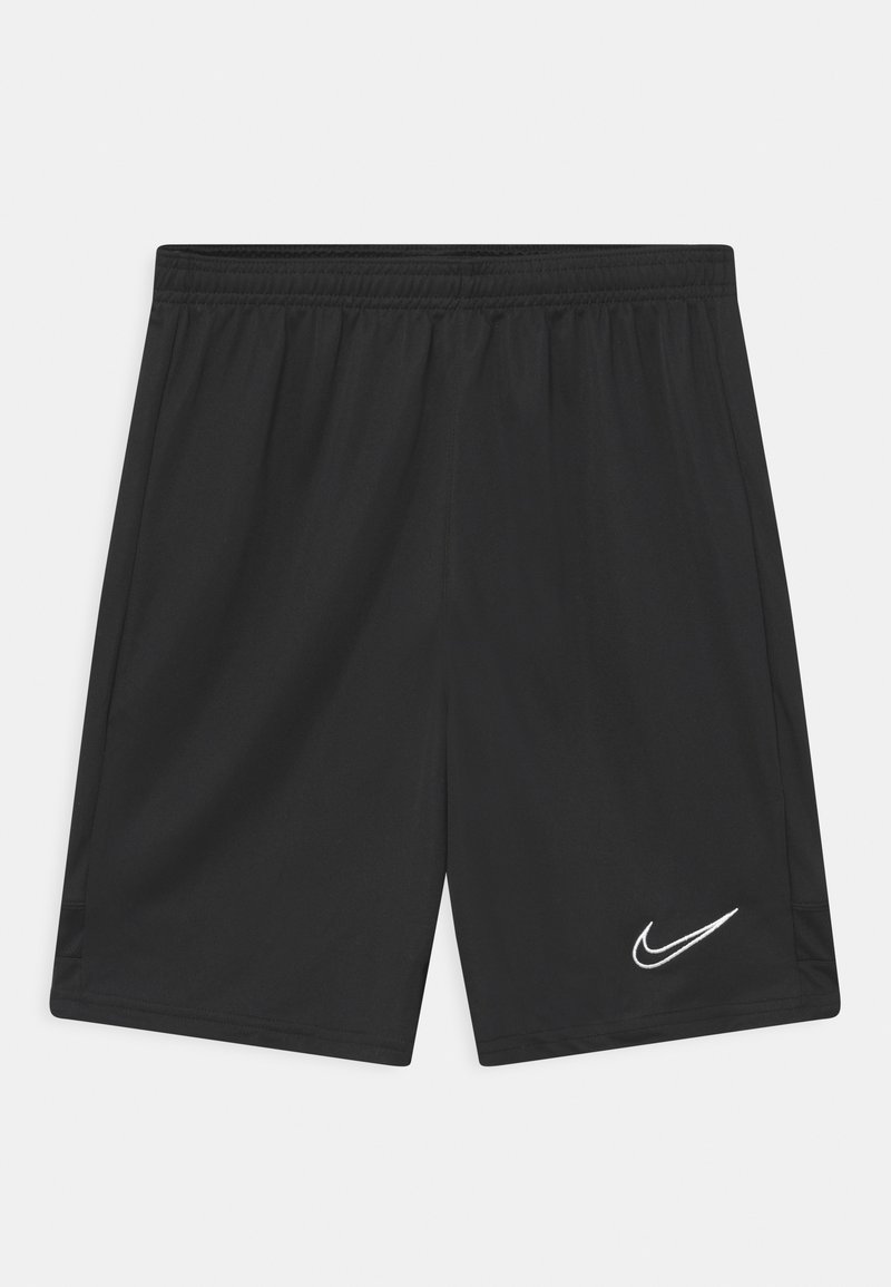 Svarta sportshorts i slät tyg, med elasticitet i midjan och en vit Nike-logotyp längst ner till vänster.