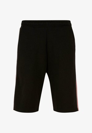Black shorts with an elastic waistband, knee-length design, featuring red side stripes and smooth cotton fabric.