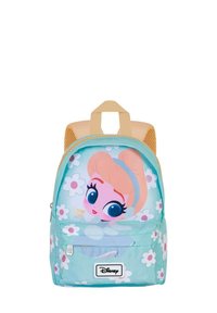 Mochila inspirada en Disney con una base azul claro, un patrón floral y un diseño de personaje de dibujo animado que presenta a una chica con ojos grandes. Straps beige.