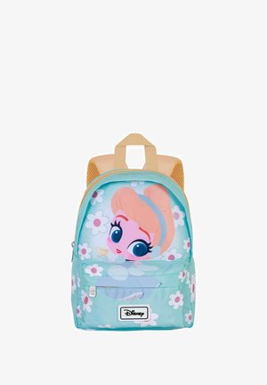 Mochila inspirada en Disney con una base azul claro, un patrón floral y un diseño de personaje de dibujo animado que presenta a una chica con ojos grandes. Straps beige.