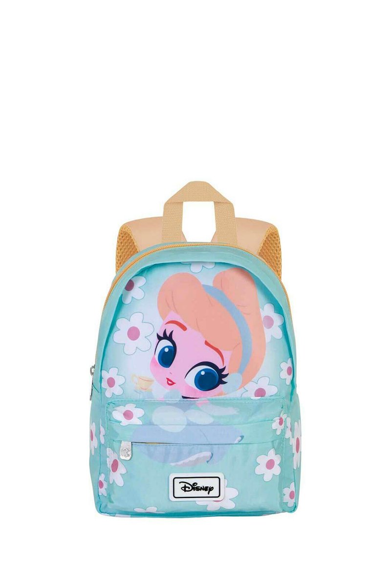 Mochila inspirada en Disney con una base azul claro, un patrón floral y un diseño de personaje de dibujo animado que presenta a una chica con ojos grandes. Straps beige.