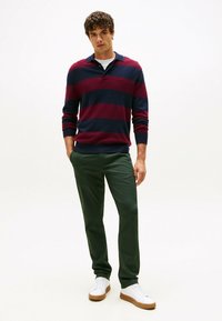 Man in een marineblauwe en bordeauxrode gestreepte lange mouwen polo, met donkergroene broek en witte sneakers, staand met één hand in zijn zak tegen een effen achtergrond.
