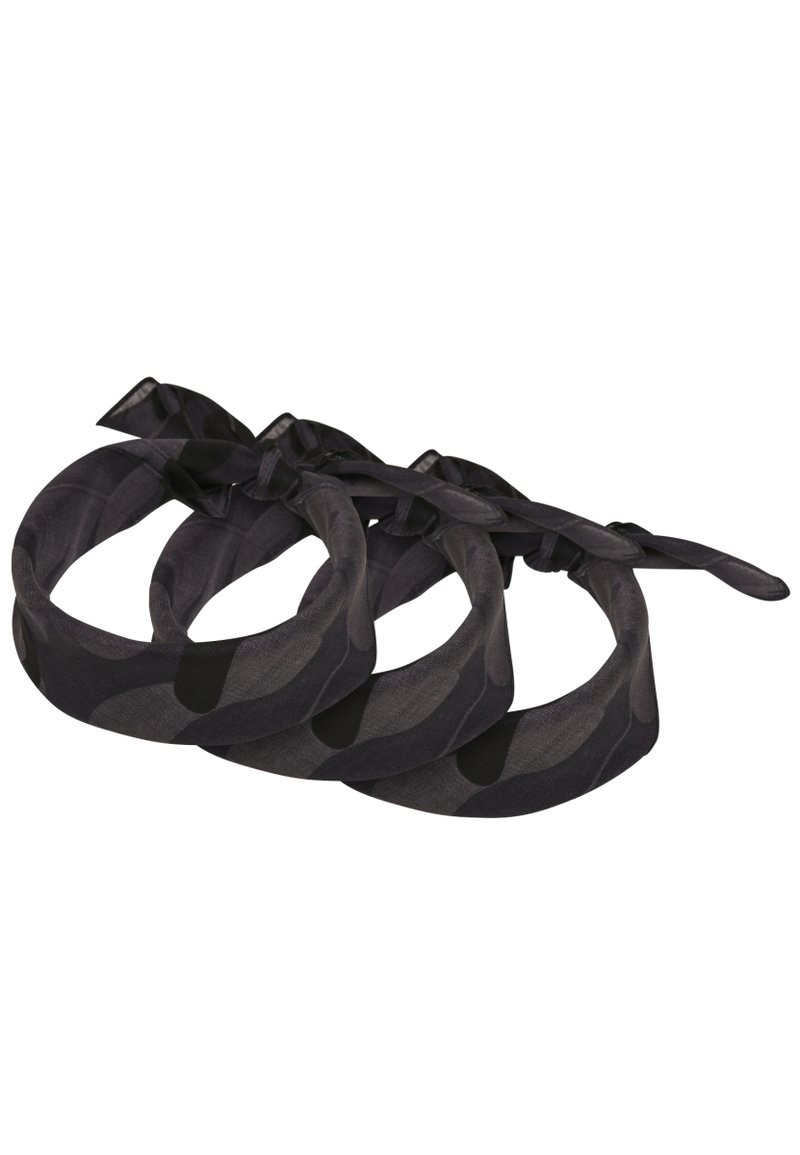 Set of three black headbands, made of lightweight fabric, featuring a smooth texture and a tied knot detail on each.