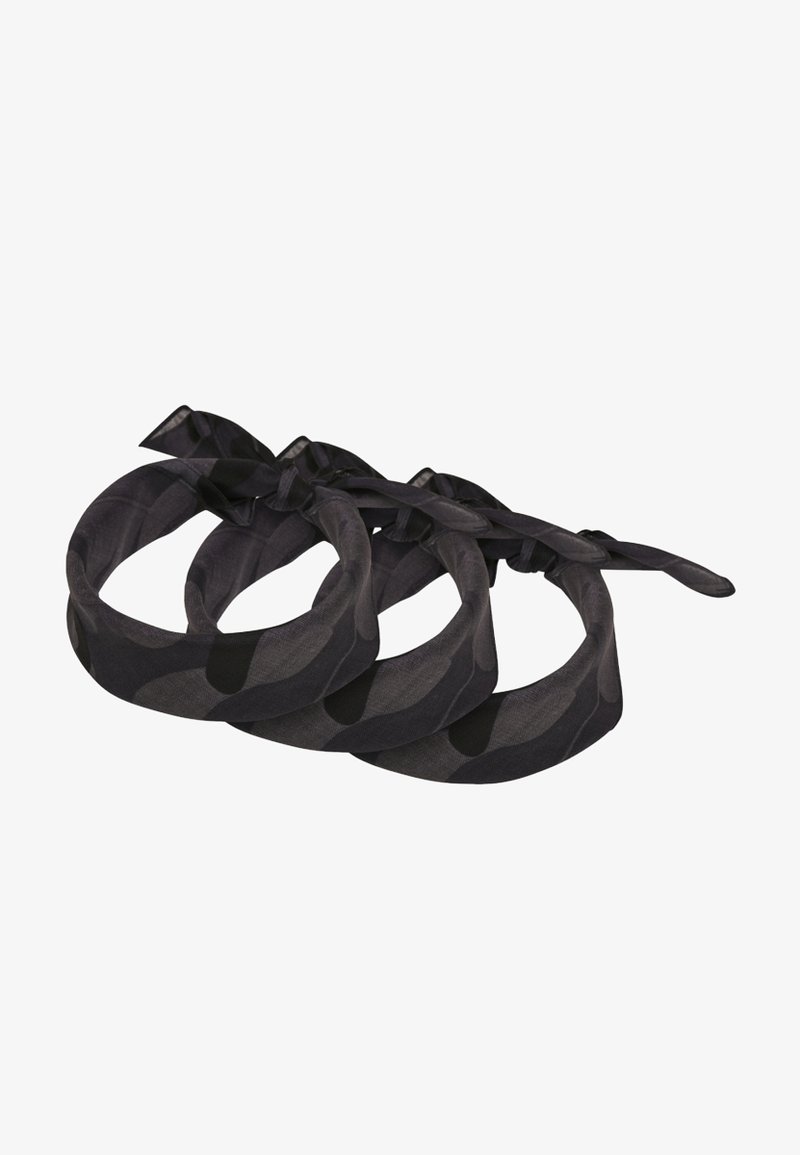 Set of three black headbands, made of lightweight fabric, featuring a smooth texture and a tied knot detail on each.