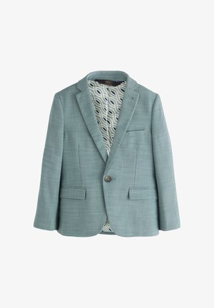 Jasnozielona marynarka na jeden guzik z wyciętymi klapami, dwie przednie kieszenie z patkami, kieszonka na piersi i wzorzysta podszewka.