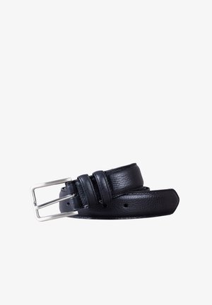 Black leather belt with a textured finish, silver metal buckle, and multiple punch holes for size adjustment. Ends are tapered.