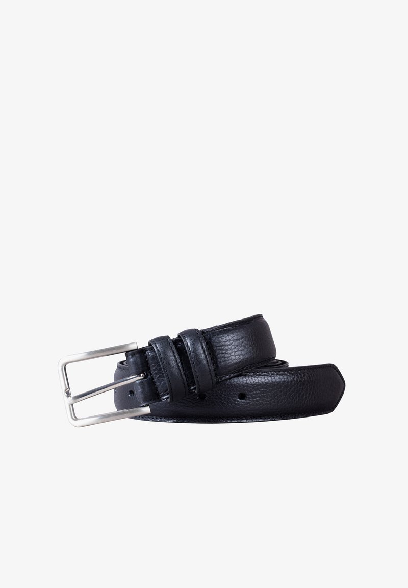 Black leather belt with a textured finish, silver metal buckle, and multiple punch holes for size adjustment. Ends are tapered.