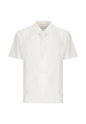 Polo bianca a maniche corte con colletto e patta con cinque bottoni, mostrata su uno sfondo bianco semplice.