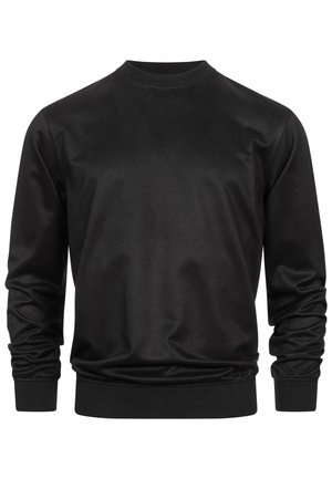 Felpa nera realizzata in tessuto liscio, dotata di colletto rotondo, maniche lunghe, polsini a coste e una vita a coste con design senza cuciture.