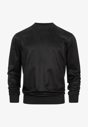 Czarny sweatshirt uszyty z gładkiej tkaniny, z okrągłym dekoltem, długimi rękawami, ściągaczami przy mankietach oraz ściągaczem w pasie, o bezszwowej konstrukcji.