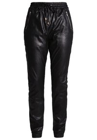 Schwarze Jogginghosen aus Kunstleder mit elastischem Bund und Kordelzug. Verfügt über Reißverschlusstaschen und elastische Bündchen für einen figurschmeichelnden Look.