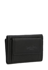 Schwarzes Leder-Portemonnaie mit strukturierter Oberfläche, gefaltetem Design und einer Fronttasche. Mit geprägtem Logo und verzierten Nähten versehen.