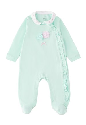 Body per neonati verde menta con colletto bianco, applicazioni di fiori rosa e blu, bordo arricciato lungo i lati e chiusure a scatto sul davanti e sulle gambe.
